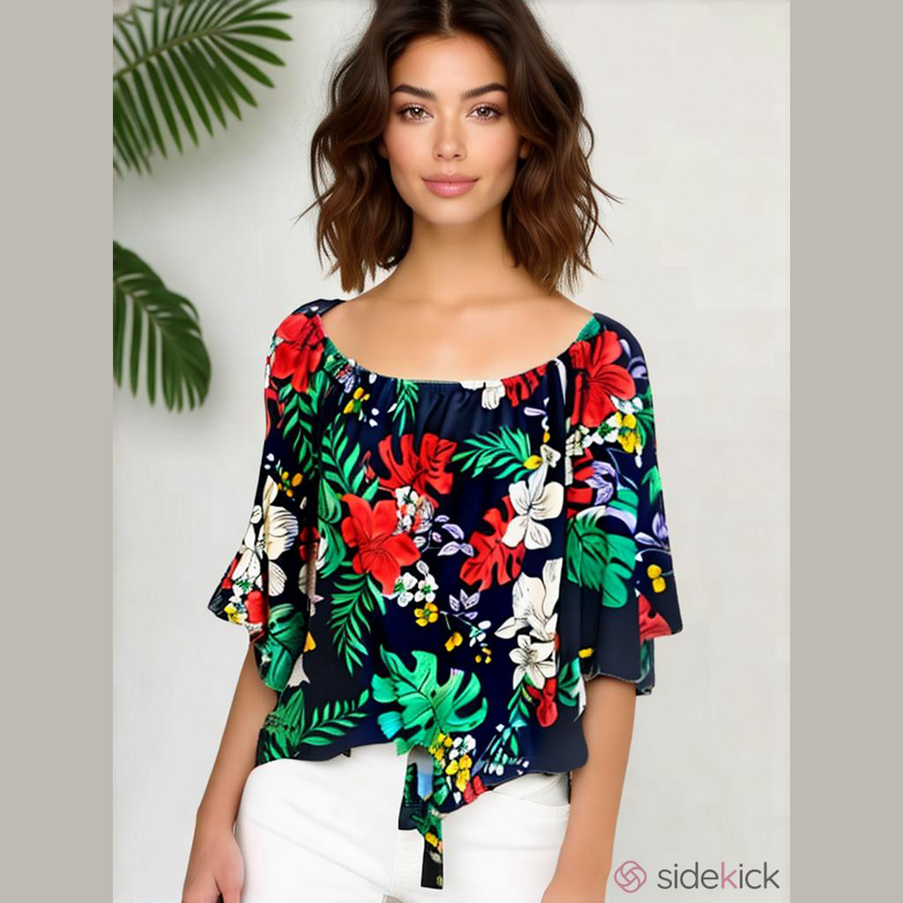 Off The shoulder Navy Floral Top Small Ruffle Tie Front Resort Feminine Tropical